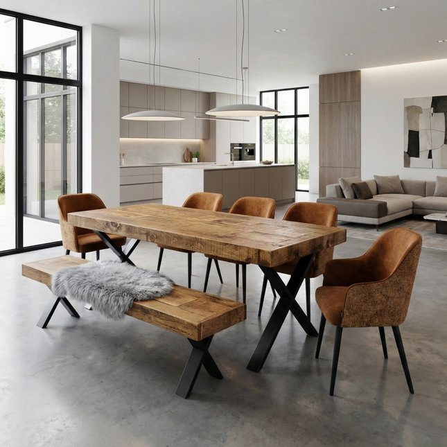 Boston XF Dining Table Solid Wood - Industrial X Frame Steel Legs - Modern Rustic Interior Design Cozy Natural and Stylish