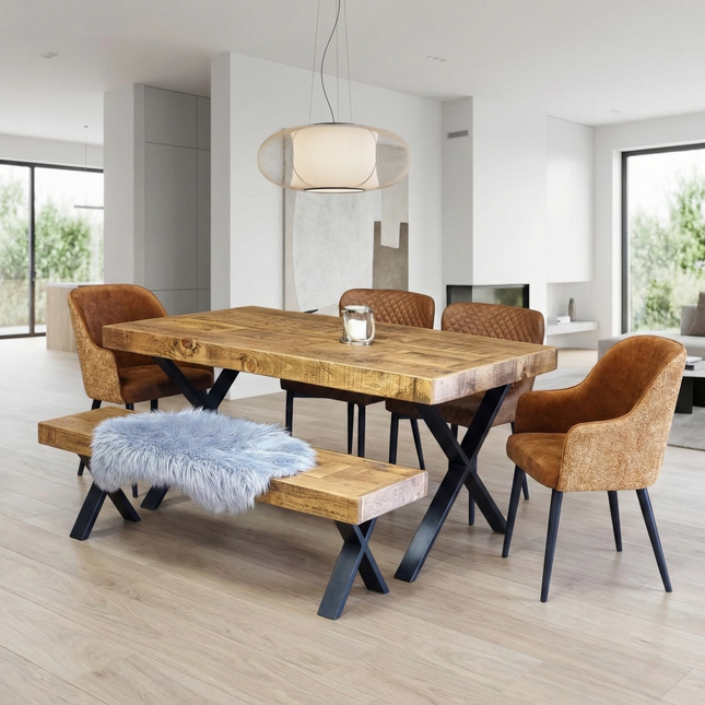Boston XF Dining Table Solid Wood - Industrial X Frame Steel Legs - Modern Rustic Interior Design Cozy Natural and Stylish