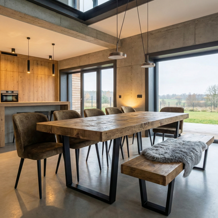 Boston VF Dining Table Solid Wood - Industrial V Frame Steel Legs - Modern Rustic Interior Design Cozy Natural and Stylish