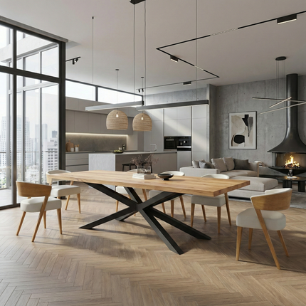Ailby Oak Modern Dining Table Straight Edge with Spider Stel Base 280 x 90cm (10 seater)