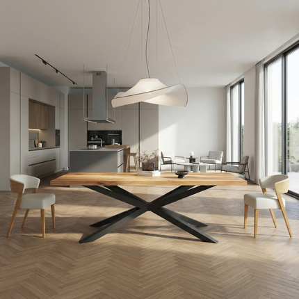 Ailby Oak Modern Dining Table Straight Edge with Spider Stel Base 280 x 90cm (10 seater)