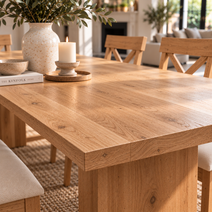 Brigg Solid Oak Straight Edge Dining Set – Table, Bench & 5 Alex Velvet Beige Oak Chairs