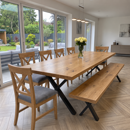 Slea Solid Oak Live Edge Dining Set – Table, Bench & 6 Alex Chairs with XF Steel Legs