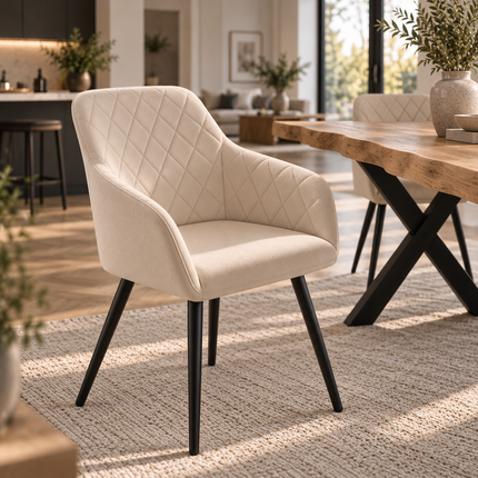 Firsby Solid Oak Live Edge Dining Set – Table, Bench & 2 Moor Velvet Beige Chairs | XF Steel Legs