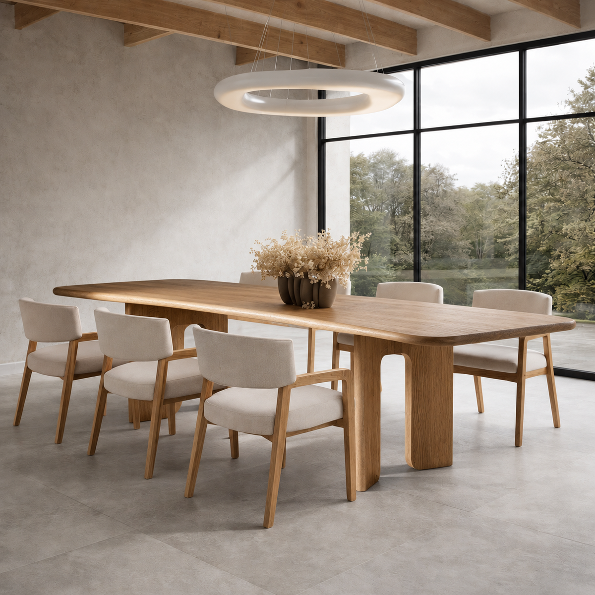 Oak dining table with a crafted base
