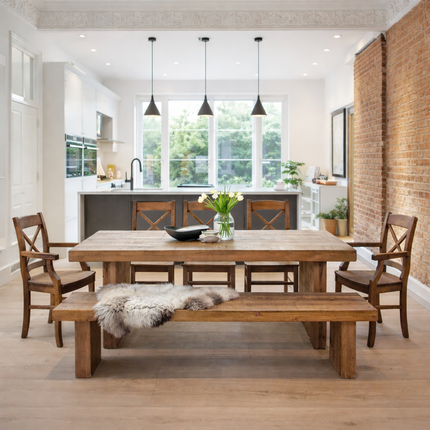 SET Grantham Industrial Thick Dining Table Wooden Legs - Table/Bench/5 Chairs