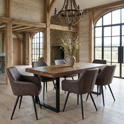 Grantham SQ Dining Table Natural Thick Rustic Wood SQ Industrial Steel Legs Handmade Characteristic of the Countryside.