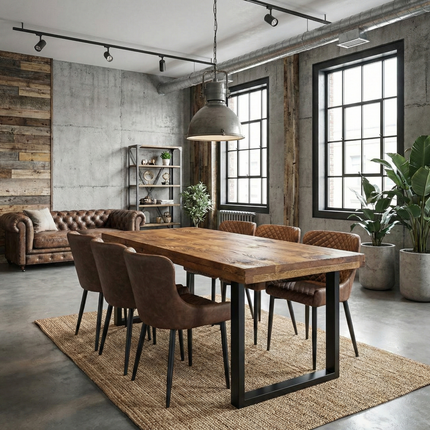 Grantham SQ Dining Table Natural Thick Rustic Wood SQ Industrial Steel Legs Handmade Characteristic of the Countryside.