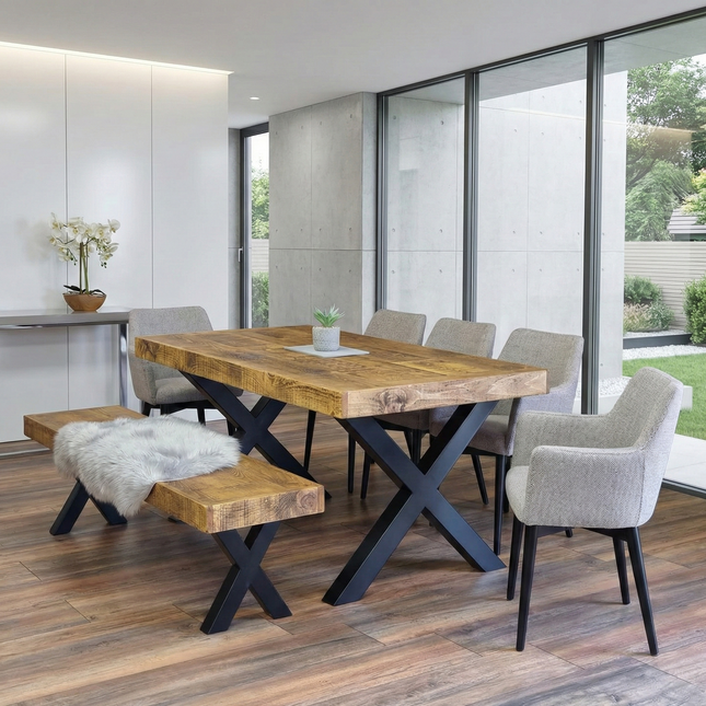 Farmer XF Chunky Dining Table Rustic Natural Wood - Industrial XF Chunky Frame Legs - Handmade Stylish Cozy and Modern
