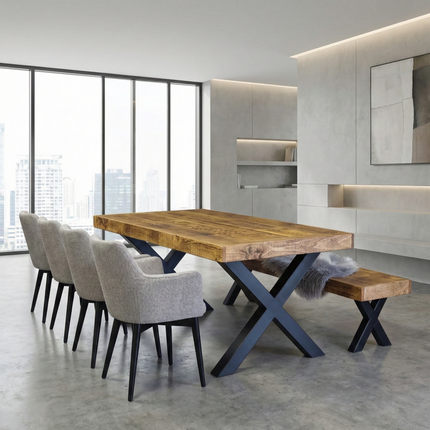 Farmer XF Chunky Dining Table Rustic Natural Wood - Industrial XF Chunky Frame Legs - Handmade Stylish Cozy and Modern