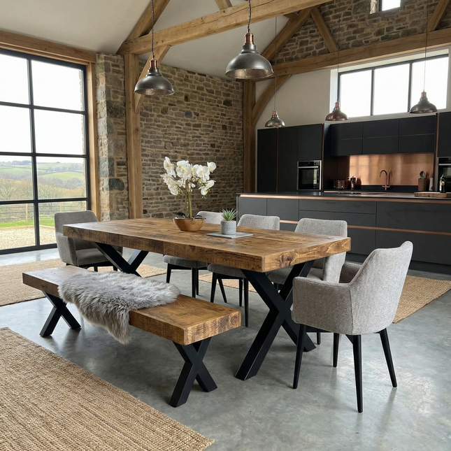 Farmer XF Chunky Dining Table Rustic Natural Wood - Industrial XF Chunky Frame Legs - Handmade Stylish Cozy and Modern