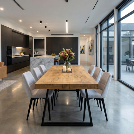 Boston Trapezium Dining Table Solid Wood - Industrial TP Steel Legs - Modern Rustic Interior Design Cozy Natural and Stylish