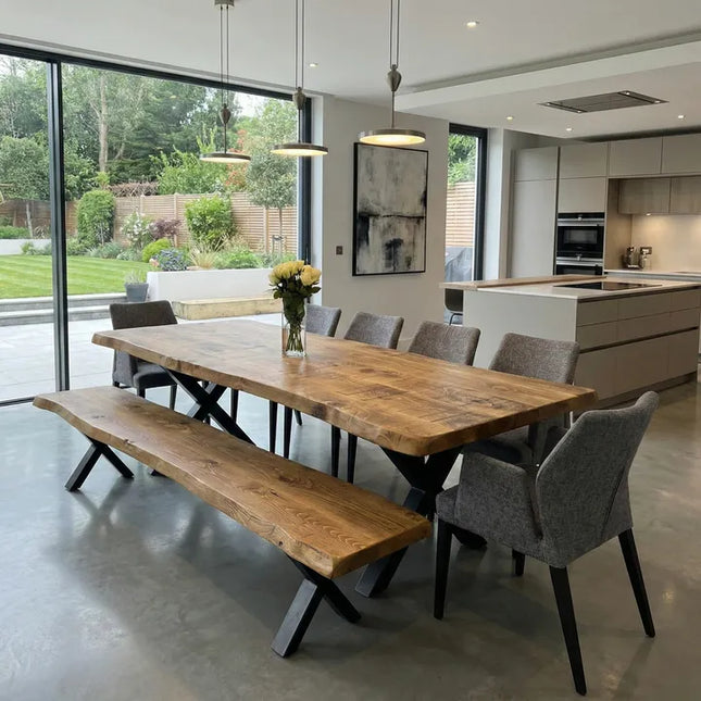 SET 200cm Firsby Live Edge Rustic Dining Table/ 200 cm Firsby Live Edge Bench/ 4 Chairs Alto with Armrest