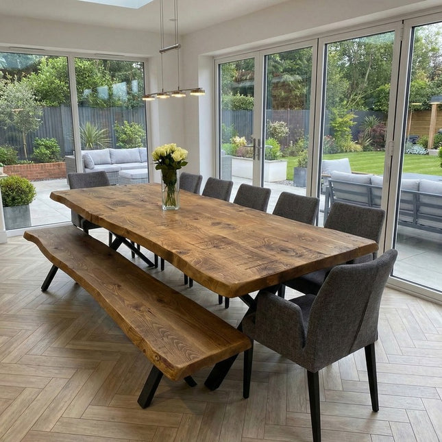 Firsby Live Edge Dining Table 200cm x 90cm and matching 200cm Bench, Steel X shape legs