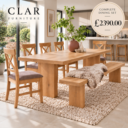 Brigg Solid Oak Straight Edge Dining Set – Table, Bench & 5 Alex Velvet Grey Oak Chairs