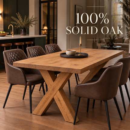 Tetey Solid Oak Straight Edge Dining Table Set with 6 Eske Brown Chairs & X Frame Wooden Legs