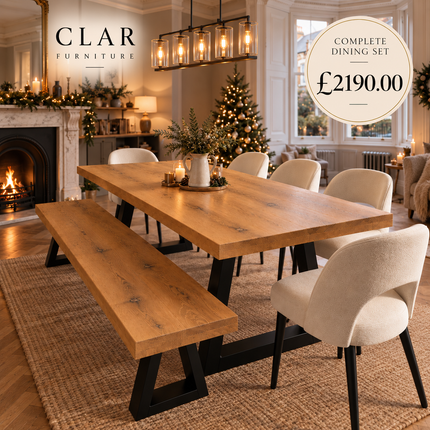 Natally Solid Oak Dining Set – Table, Bench & 5 Chairs | Trapezium Steel Legs