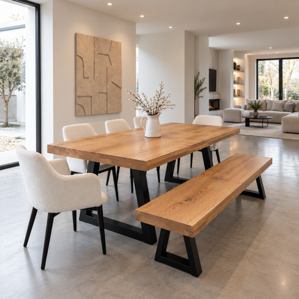 Chloe Solid Oak Dining Set – Table, Bench & 5 Chairs | Trapezium Steel Legs