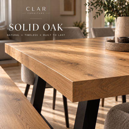 Grantham Solid Oak Dining Set – Table, Bench & 5 Rene Chairs | Trapezium Steel Legs