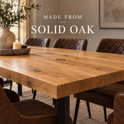 Holme Solid Oak Straight Edge Dining Table Set with 8 Eske Brown Chairs & Square Steel Legs