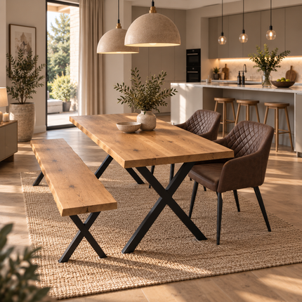 Firsby Solid Oak Live Edge Dining Set – Table, Bench & 2 Eske Brown Chairs | XF Steel Legs