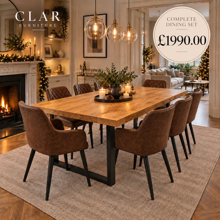 Holme Solid Oak Straight Edge Dining Table Set with 8 Eske Brown Chairs & Square Steel Legs