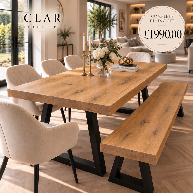 Grantham Solid Oak Dining Table Set with Bench & 5 Moor Beige Chairs – Trapezium Steel Legs