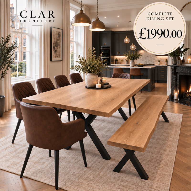 Firsby Solid Oak Live Edge Dining Set – Table, Bench & 6 Eske Brown Chairs with X-Frame Steel Legs