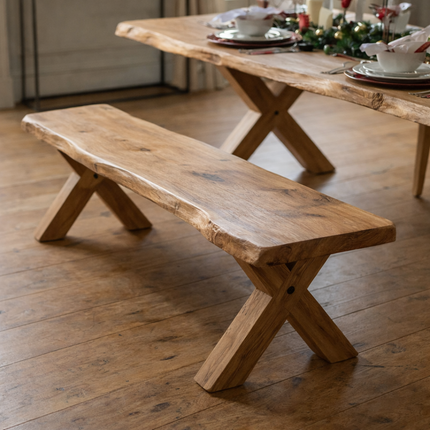Firsby XF Chunky Wooden Dining Bench Natural Live Edge Rustic Wood X Frame Legs