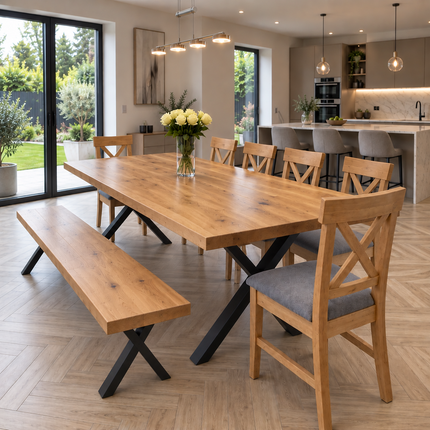 Slea Solid Oak Live Edge Dining Set – Table, Bench & 6 Alex Chairs with XF Steel Legs