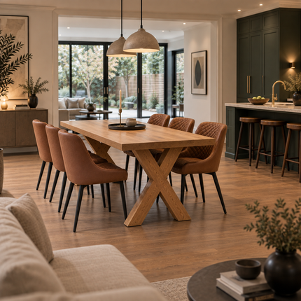 Tetey Solid Oak Straight Edge Dining Table & Bench Set with 6 Yarm Tan Faux Leather Chairs & X Frame Wooden Legs