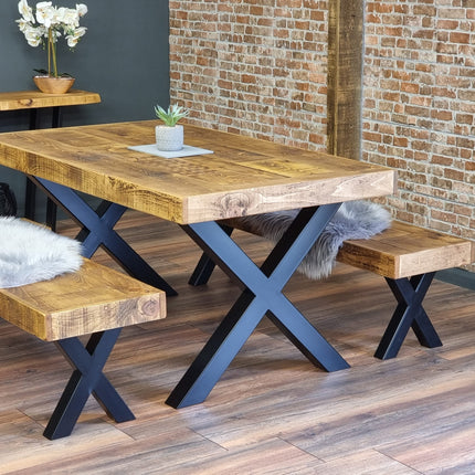 Farmer XF Chunky Dining Table Rustic Natural Wood - Industrial XF Chunky Frame Legs - Handmade Stylish Cozy and Modern