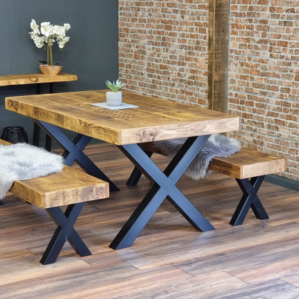 Farmer XF Chunky Dining Table Rustic Natural Wood - Industrial XF Chunky Frame Legs - Handmade Stylish Cozy and Modern