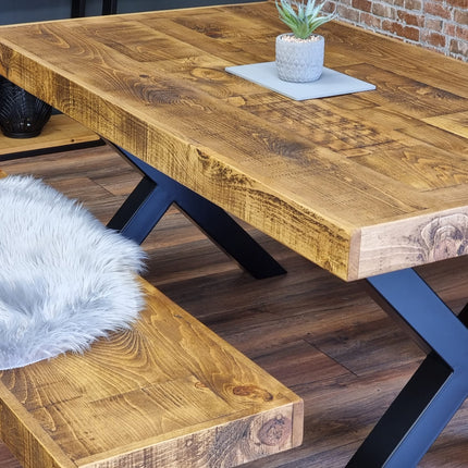 Farmer XF Chunky Dining Table Rustic Natural Wood - Industrial XF Chunky Frame Legs - Handmade Stylish Cozy and Modern