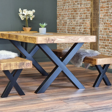 Farmer XF Chunky Dining Table Rustic Natural Wood - Industrial XF Chunky Frame Legs - Handmade Stylish Cozy and Modern
