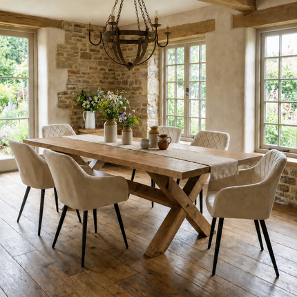 Brigg Straight Edge Dining Table with Chunky Style X with Beam  Wooden Base