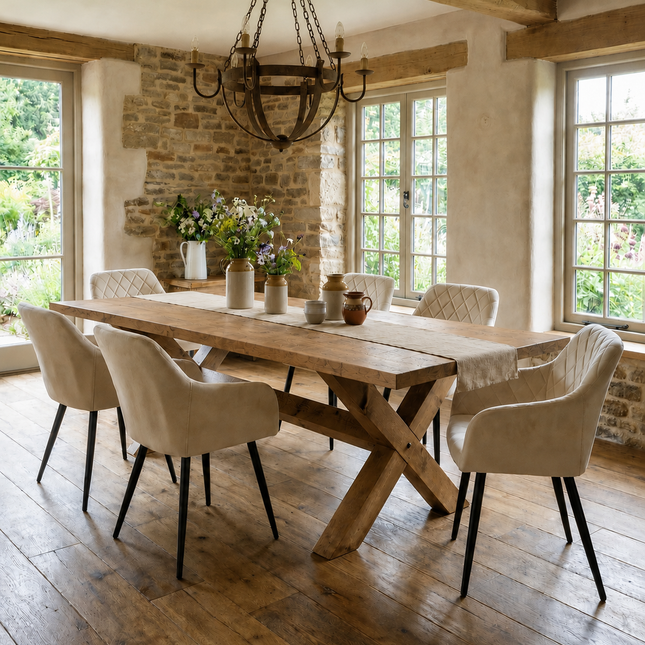 Brigg Straight Edge Dining Table with Chunky Style X with Beam  Wooden Base