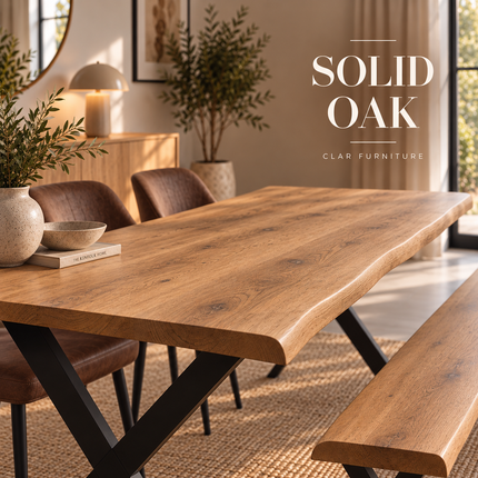 Firsby Solid Oak Live Edge Dining Set – Table, Bench & 2 Eske Brown Chairs | XF Steel Legs
