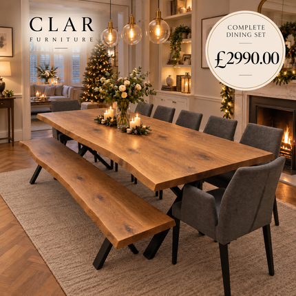 Firsby Solid Oak Live Edge Dining Set – Table, Bench & Alto Armchairs | XF Steel Legs