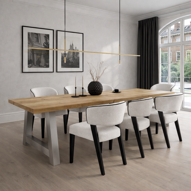 Sutton Solid Oak Dining Table Chunky AF Brushed Stainless Steel Legs