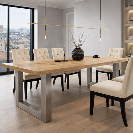 Dunsby Solid Oak Dining Table Chunky Square Brushed Stainless Steel Legs