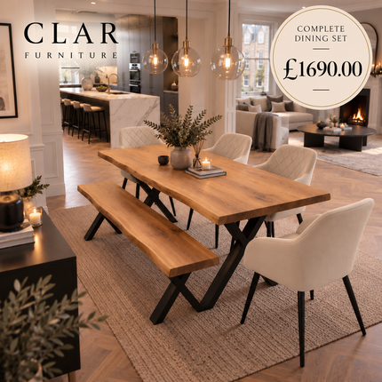 Firsby Solid Oak Live Edge Dining Set – Table, Bench & 4 Moor Velvet Beige Chairs | XF Steel Legs