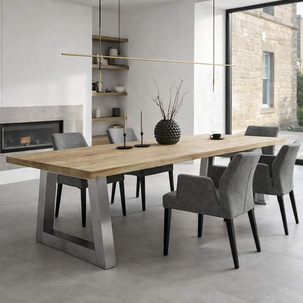 Pointon Solid Oak Dining Table Chunky Trapezium Brushed Stainless Steel Legs