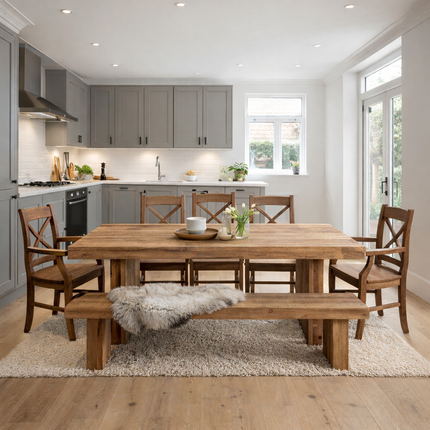 SET Grantham Industrial Thick Dining Table Wooden Legs - Table/Bench/5 Chairs