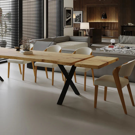 Firsby Live Edge Extendable 2-Sides Dining Table X Frame Steel Legs