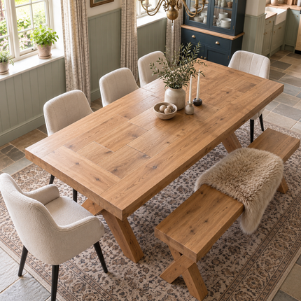 Boston Chunky Rustic Solid Oak Dining Table – X Frame Wooden Legs