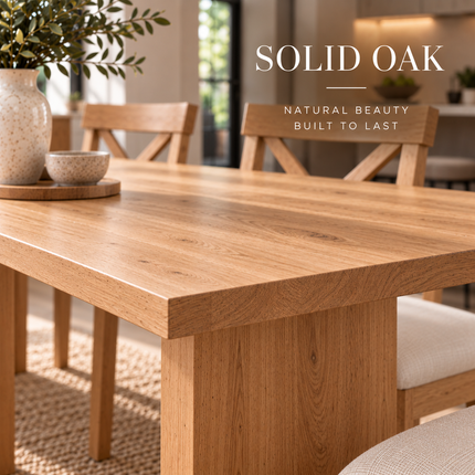 Brigg Solid Oak Straight Edge Dining Set – Table, Bench & 5 Alex Velvet Beige Oak Chairs