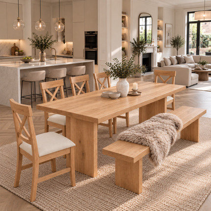 Brigg Solid Oak Straight Edge Dining Set – Table, Bench & 5 Alex Velvet Beige Oak Chairs