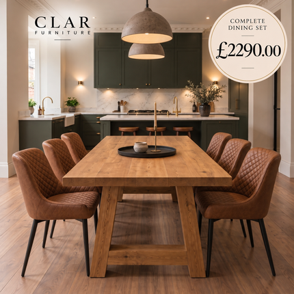 Wootton Solid Oak Straight Edge Dining Table & Bench Set with 6 Yarm Tan Faux Leather Chairs & A Frame Wooden Legs
