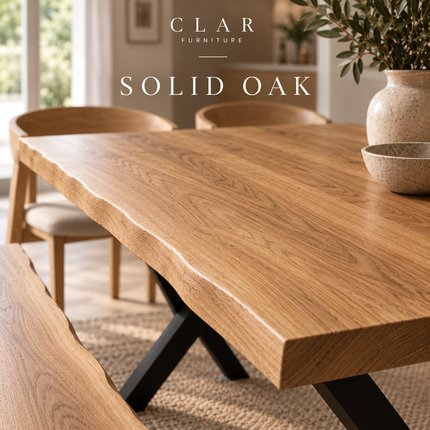 Firsby Solid Oak Live Edge Dining Set – Table, Bench & 2 Aby Beige Velvet Chairs | XF Steel Legs